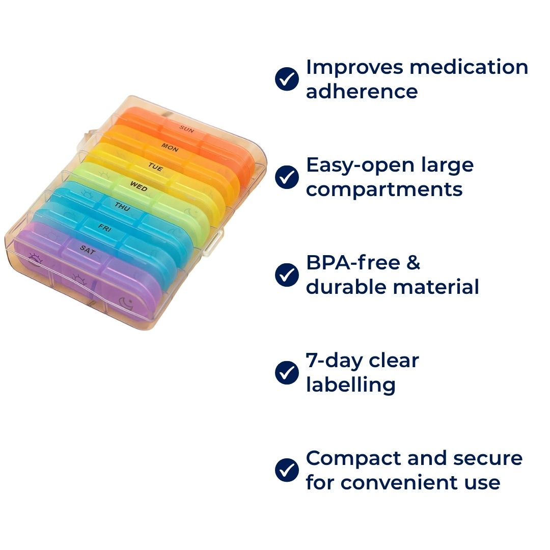 MediTrack | Weekly Pill Organizer – Improves Medication Adherence - Easy‑Open Large Compartments – BPA‑Free Durable – Travel & Seniors