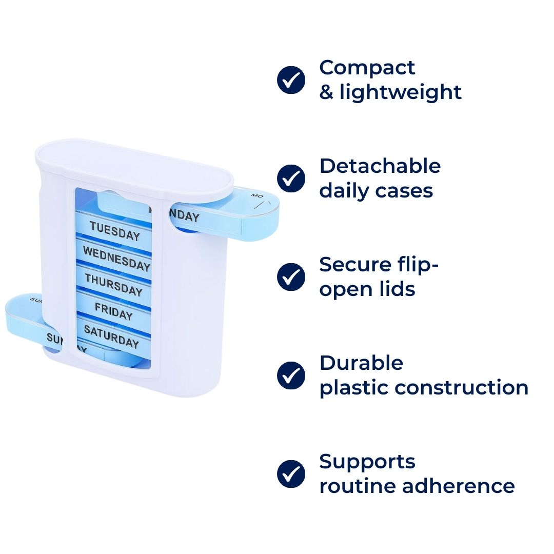 SureDose | 7-Day Pill Organizer Box – Clearly Labelled Compartments – Compact Lightweight Design – Daily Medication Use