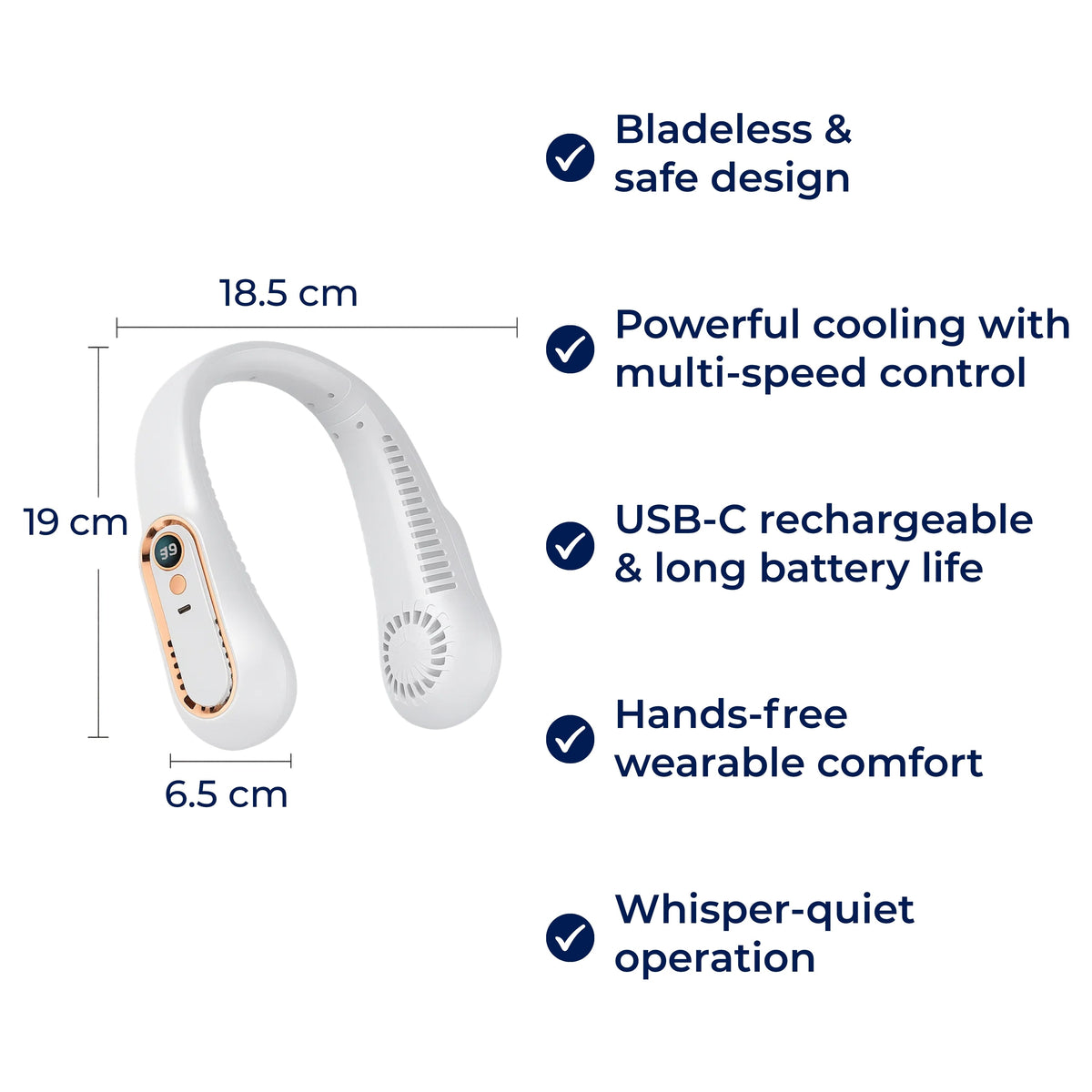 CoolEase | Portable Neck Fan – Hands‑Free Bladeless Cooling – Five‑Speed USB‑C – Travel Office Commuters