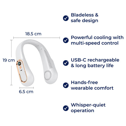 CoolEase | Portable Neck Fan – Hands‑Free Bladeless Cooling – Five‑Speed USB‑C – Travel Office Commuters