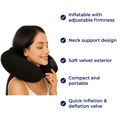 TravelThrive | Inflatable Travel Neck Pillow – Adjustable Firmness – Soft Velvet Cover – Neck Pain Relief – Compact for All Journeys