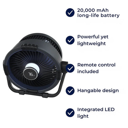 BreezeGlow | Outdoor Hangable LED Fan – Remote Control & Long Battery Life – 20000 mAh Powerful Lightweight Design – Camping & Patio Use