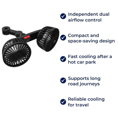 AutoBreeze | Car Seat Double Head Fan – Dual-Head Strong Airflow – Quiet USB Power – Stay Cool & Comfortable on Long Journeys & Back Seats