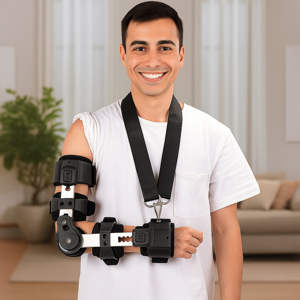 ComforMotion | Elbow Support Brace – Adjustable ROM Dial – Soft Breathable Material – All-Day Comfort for Pain Relief & Recovery