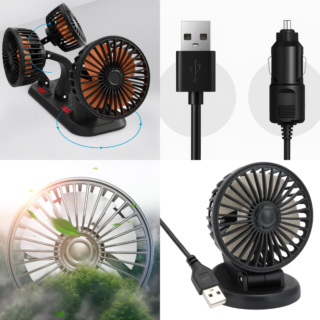 TriCool | USB Car Fan – Three-Head Rotating Cooling – Universal 5-12-24 V Dual Power – Quiet Compact Solution for Hot Car Journeys