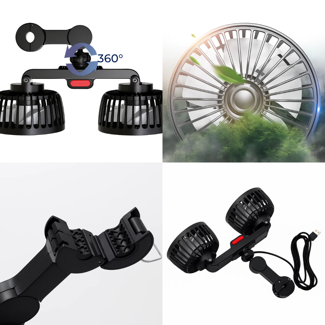 AutoBreeze | Car Seat Double Head Fan – Dual-Head Strong Airflow – Quiet USB Power – Stay Cool & Comfortable on Long Journeys & Back Seats