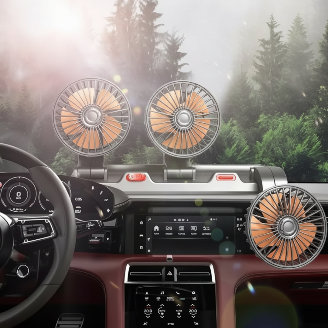 TriCool | USB Car Fan – Three-Head Rotating Cooling – Universal 5-12-24 V Dual Power – Quiet Compact Solution for Hot Car Journeys