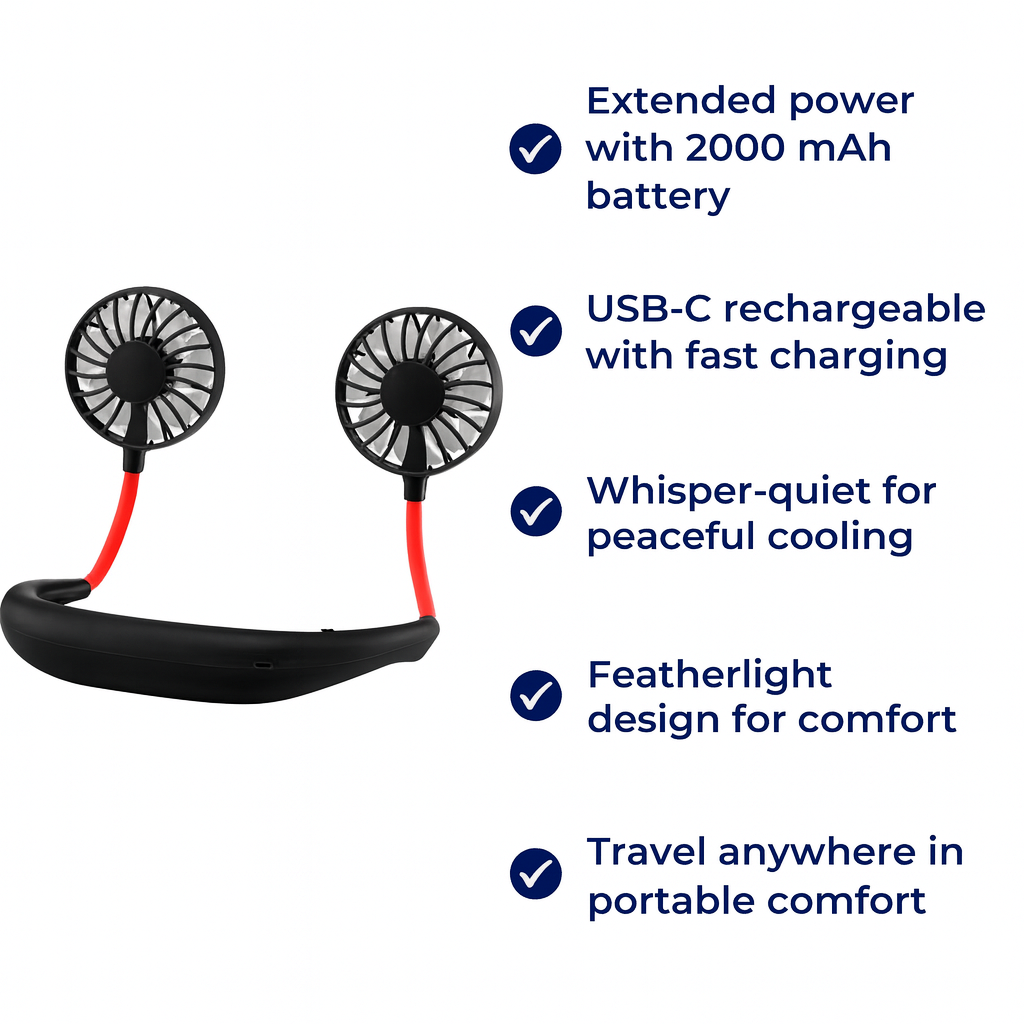 BreezeBand | Portable Neck Fan – Long Battery Life – USB Rechargeable 2000 mAh – Quiet Hands-Free Cooling – Ideal for Travel Festivals Office