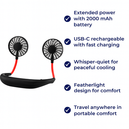BreezeBand | Portable Neck Fan – Long Battery Life – USB Rechargeable 2000 mAh – Quiet Hands-Free Cooling – Ideal for Travel Festivals Office