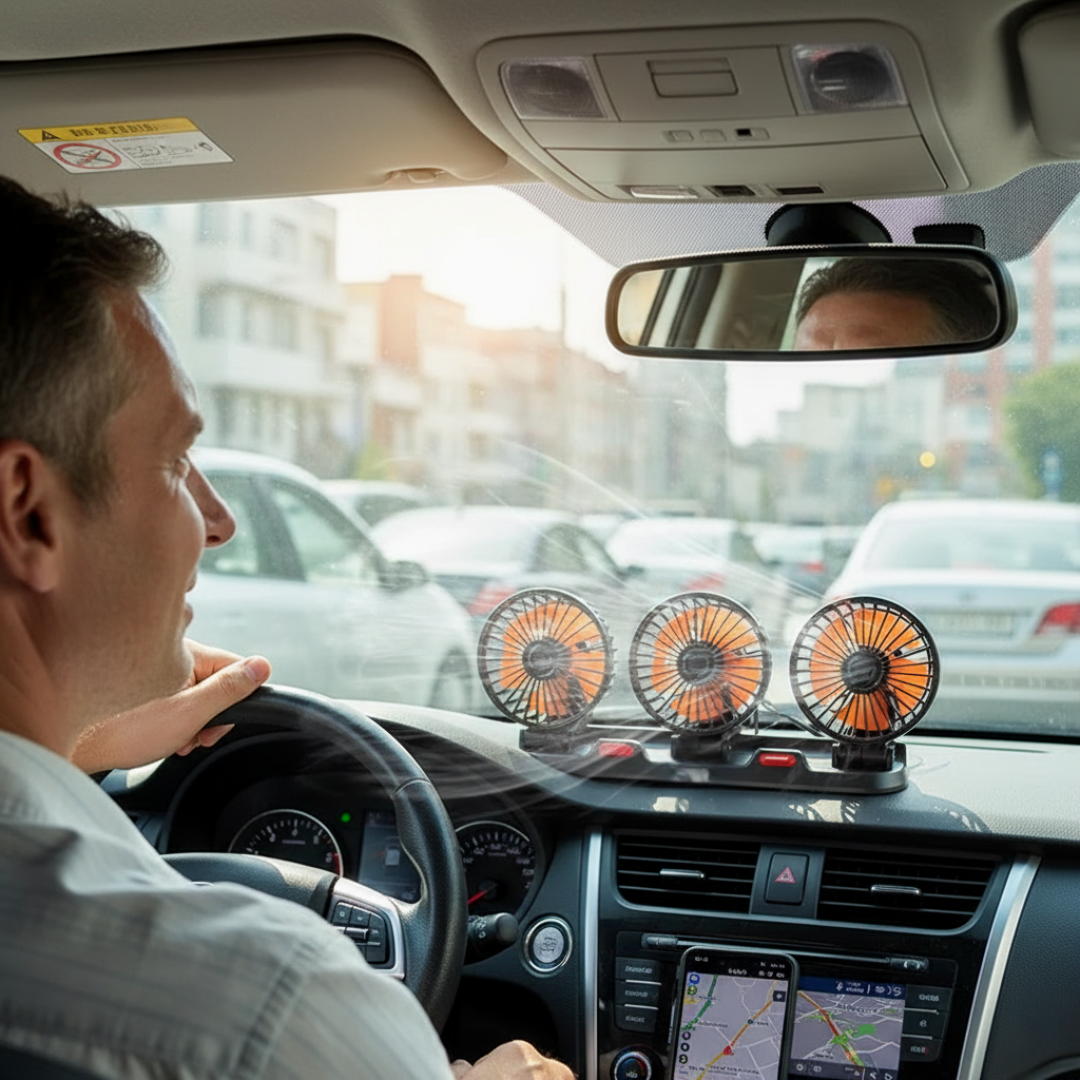 TriCool | USB Car Fan – Three-Head Rotating Cooling – Universal 5-12-24 V Dual Power – Quiet Compact Solution for Hot Car Journeys