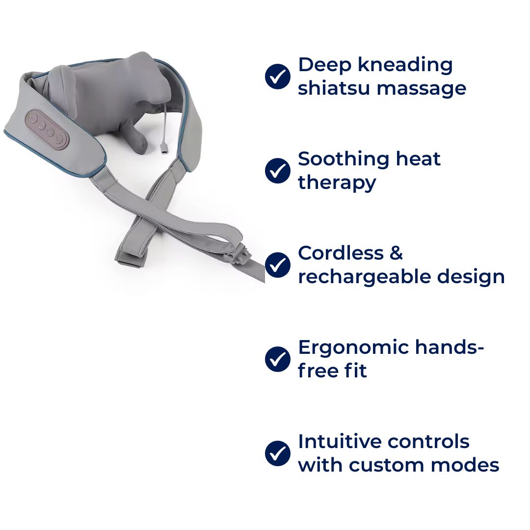 RelaxaPro | Shiatsu Neck Massager – Heated Relief – Cordless Design – Ideal for Office & Home Use