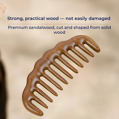 SandalSilk | Wooden Wide-Tooth Hair Comb – Breakage-Free Detangling – Golden Sandalwood – Anti-Static – Gentle Scalp Massage – Healthy Shine