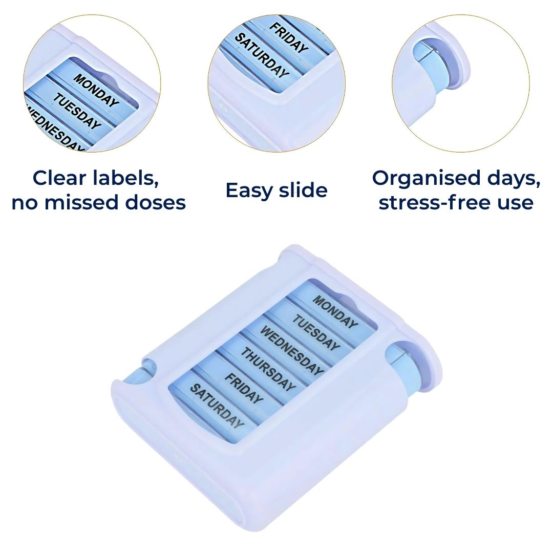 SureDose | 7-Day Pill Organizer Box – Clearly Labelled Compartments – Compact Lightweight Design – Daily Medication Use