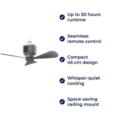 AirGlide | Portable Remote-Control Ceiling Fan with Light – Battery-Powered 30h – Quiet Cooling Comfort – Ideal for Home Camping Travel