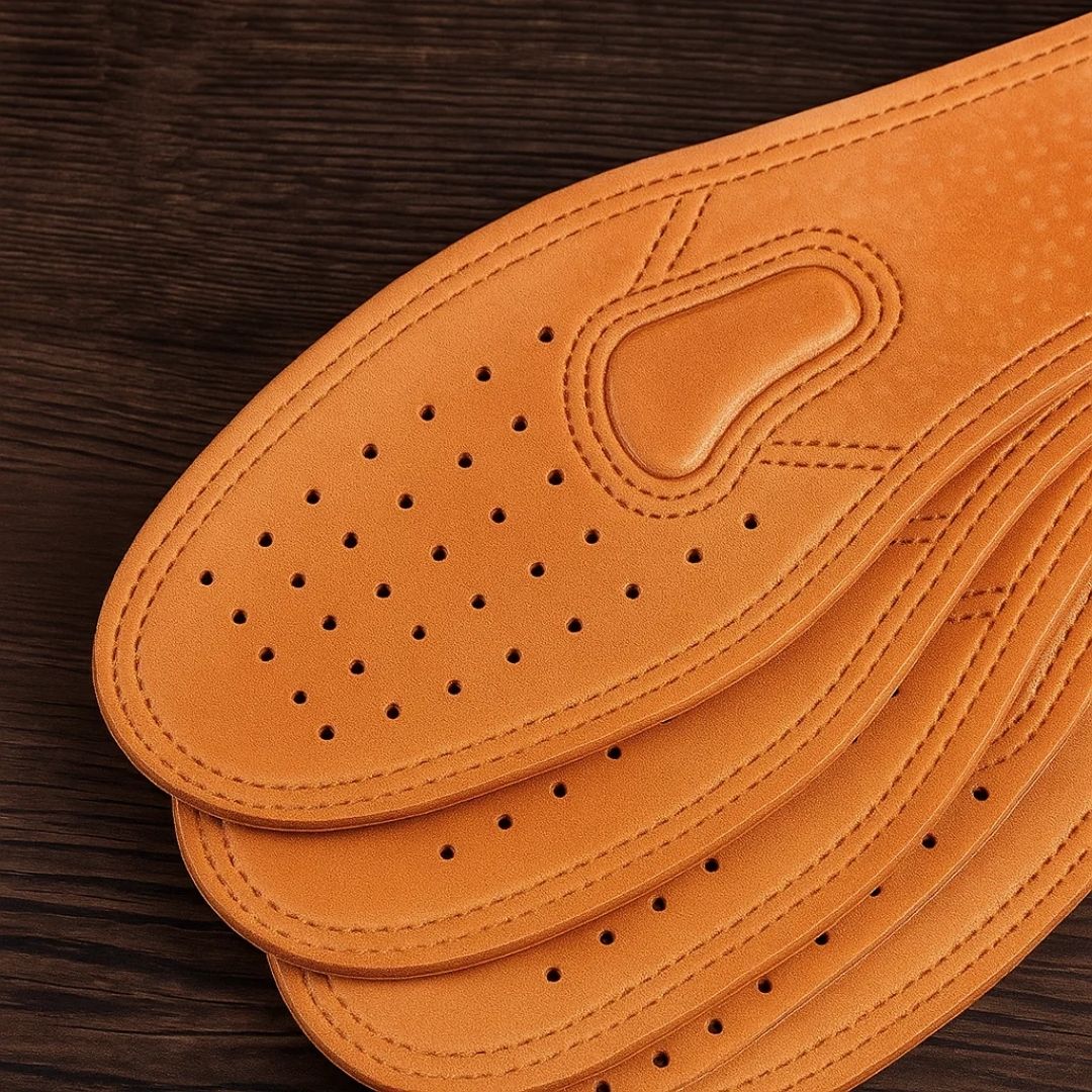 StrideGuard | Shock Absorbing Leather Insoles – Foot & Heel Pain Relief – Genuine Leather Arch Support – All-Day Standing & Walking