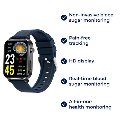 GlucoWell | Non-Invasive Diabetes Smartwatch – Blood Sugar Monitor – HD Display – Pain-Free Glucose Tracking for Adults