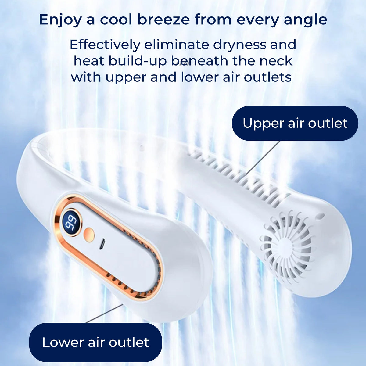 CoolEase | Portable Neck Fan – Hands‑Free Bladeless Cooling – Five‑Speed USB‑C – Travel Office Commuters