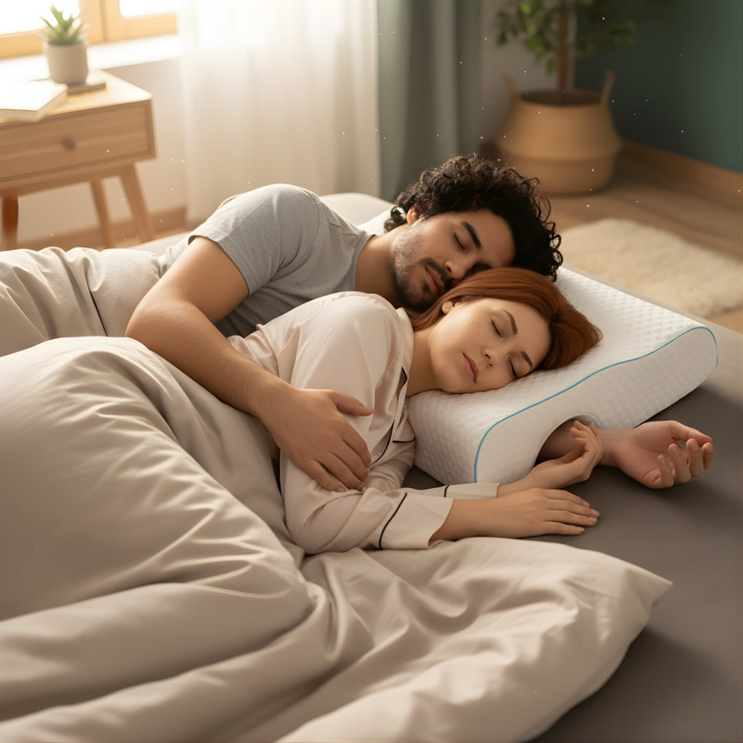 SleepEase | Side‑Sleeper Couple Memory Foam Pillow – Arm‑Hole Comfort – Orthopaedic Neck Support – Pain Relief – Deeper, Restful Sleep