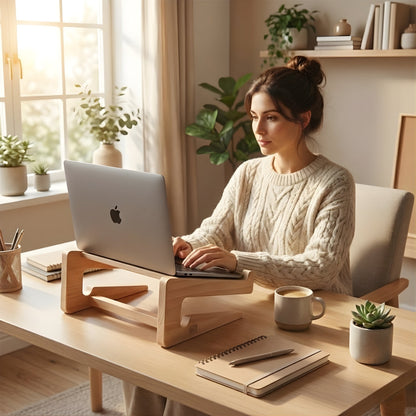 DeskLift | Wooden Laptop Stand – Ergonomic Neck Support – Ventilated Natural Wood – Prevents Overheating – Ideal for Home & Office Use
