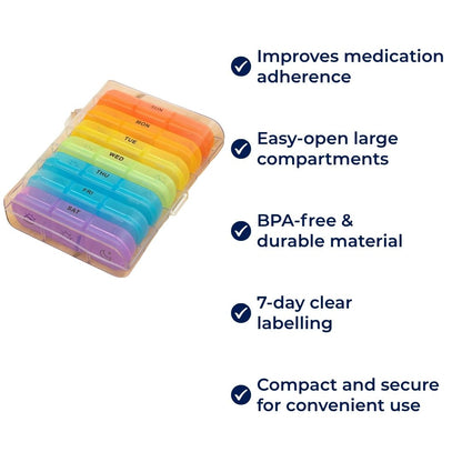 MediTrack | Weekly Pill Organizer – Improves Medication Adherence - Easy‑Open Large Compartments – BPA‑Free Durable – Travel & Seniors