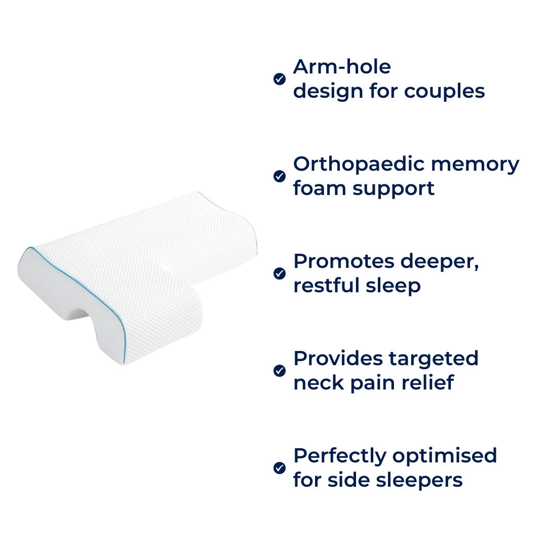 SleepEase | Side‑Sleeper Couple Memory Foam Pillow – Arm‑Hole Comfort – Orthopaedic Neck Support – Pain Relief – Deeper, Restful Sleep