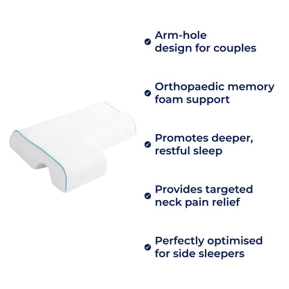 SleepEase | Side‑Sleeper Couple Memory Foam Pillow – Arm‑Hole Comfort – Orthopaedic Neck Support – Pain Relief – Deeper, Restful Sleep