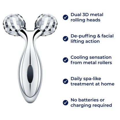 GlowRoller | Face Roller Massager – Depuffing & Lift – Metal Rolling Heads – Daily Spa Facial