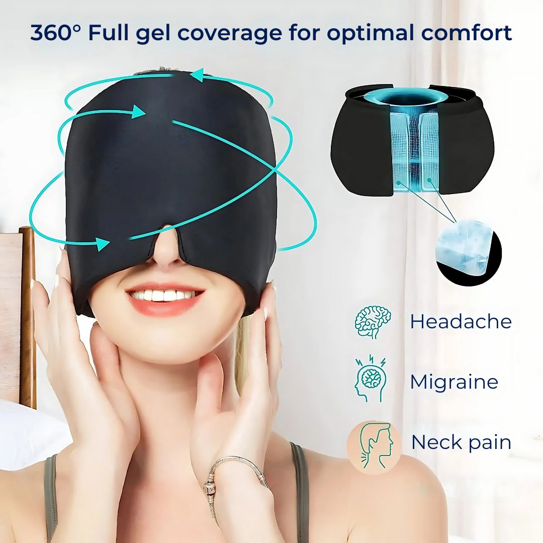 MigraSoothe Gel Hood Instant Headache and Migraine Relief | Cooling Comfort, Pressure Therapy & Light Blocking for Anytime Use