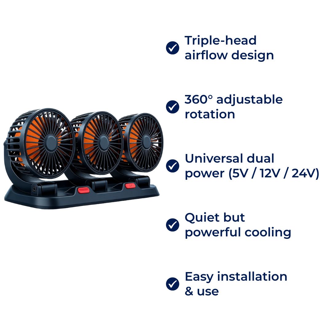 TriCool | USB Car Fan – Three-Head Rotating Cooling – Universal 5-12-24 V Dual Power – Quiet Compact Solution for Hot Car Journeys