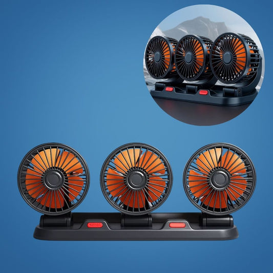 TriCool | USB Car Fan – Three-Head Rotating Cooling – Universal 5-12-24 V Dual Power – Quiet Compact Solution for Hot Car Journeys