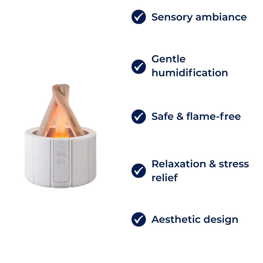 AuraFlame | Decorative Flame Diffuser – Quiet Ultrasonic Humidifier – LED Light – Aromatherapy for Sleep & Stress Relief