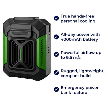 BreezeBank | Belt-Clip Personal Fan – Hands-Free Cooling – 4000 mAh Rugged Build – Portable Power Bank – Stay Cool & Comfortable Outdoors