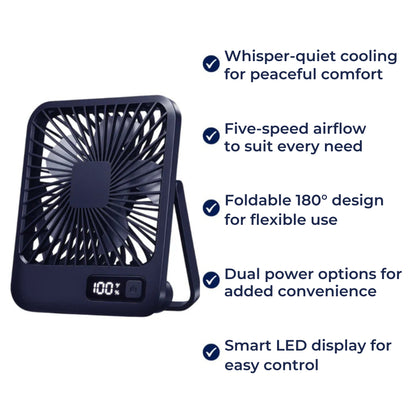 CoolFold | USB Desk Fan – Quiet 5-Speed Air Circulator – Foldable Compact Design – Portable Cooling Relief for Home Office Bedroom Travel